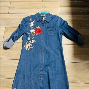 Floral Embroidered Denim Kids Dress